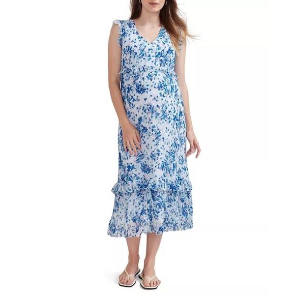 Hatch Luna Blue White Floral Print Ruffled V-Neck Maternity Midi Dress Size M - Picture 1 of 12